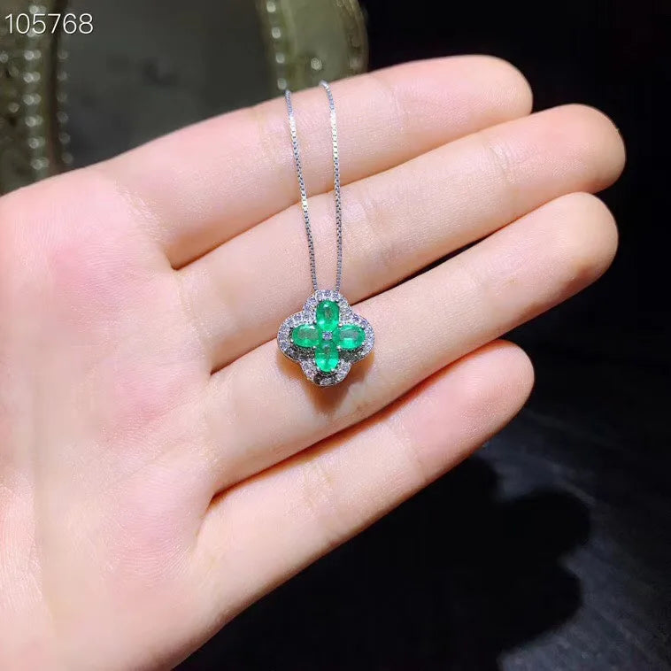 925 Silver Emerald Necklace with Clover and Grains Selection, High-end Jewelry