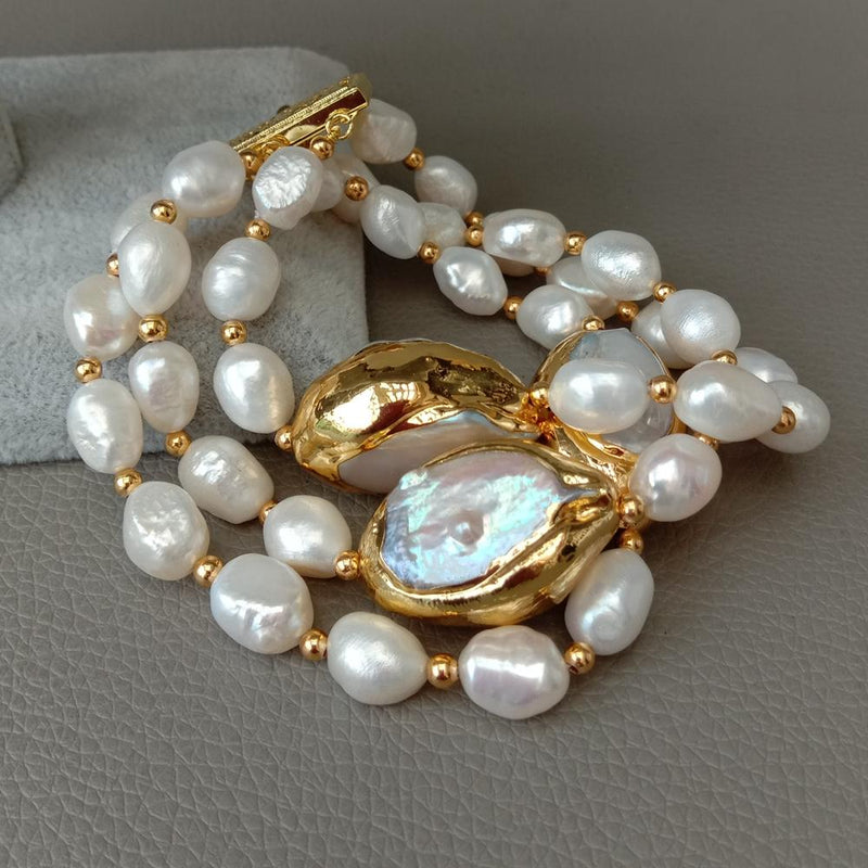 Y.YING 8 3 Rows Cultured White Baroque freshwater Pearl White Keshi Pearl Bracelet for handmade classic wedding for women