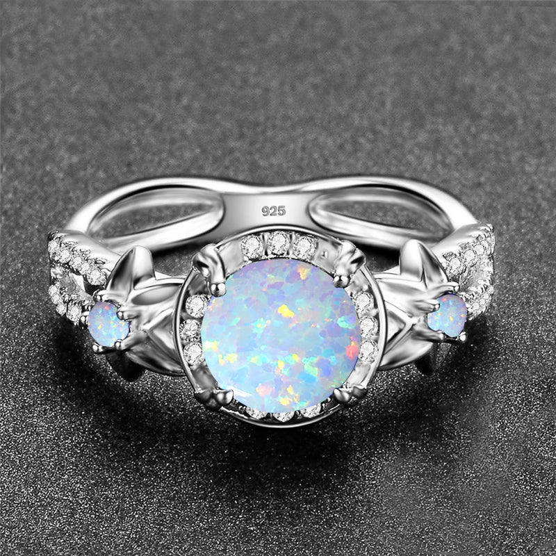 Sterling Silver Flower Opal Ring with Cubic Zirconia for Women