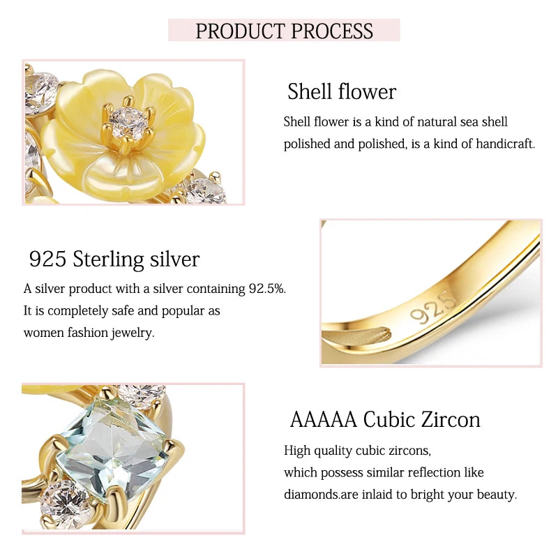 925 Sterling Silver Yellow Shell Flower Ring with Zircon for Women