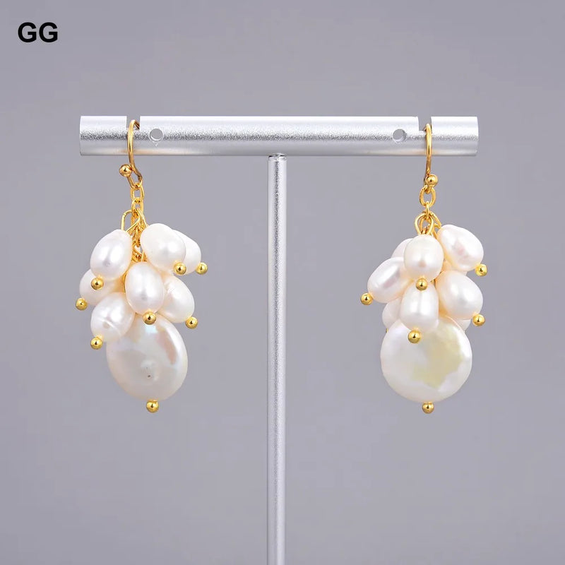 Natural White Rice Pearl Dangle Hook Earrings for Women