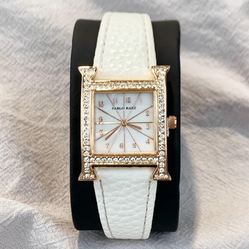 Luxury Diamond Women's Wristwatch with Leather Band and Orange Jewelry Details