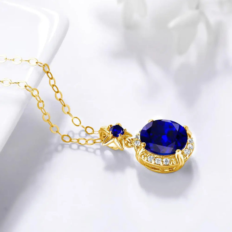 18K Gold Blue Sapphire Pendant Necklace For Women