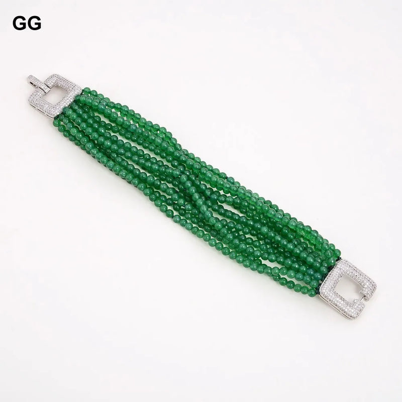 Sterling Silver 8mm Green Jade Bracelet with Cubic Zirconia Clasp for Women