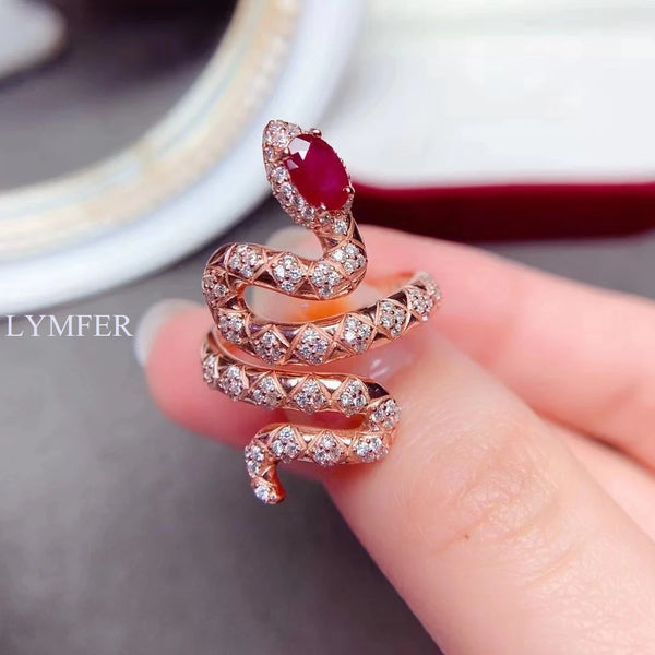 Sterling Silver Snake Ring with Natural Ruby evoking the allure of a sophisticated lady's personality and animal spirit.