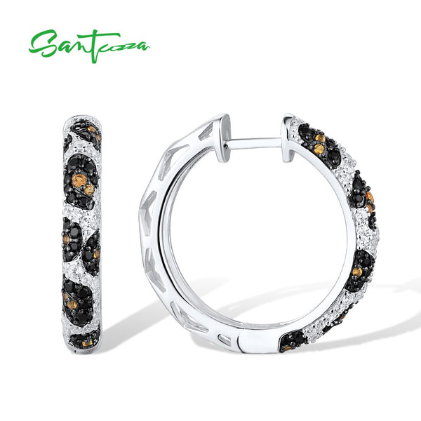 925 Sterling Silver Black Spinel and Cubic Zirconia Hoop Earrings for Women