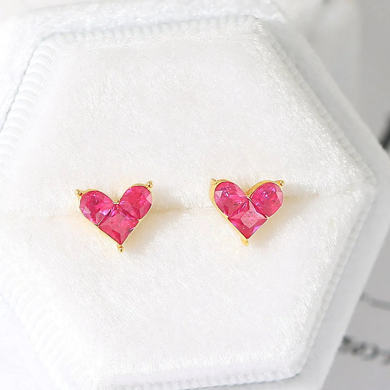 925 Sterling Silver Synthetic Corundum Heart Stud Earrings for Women