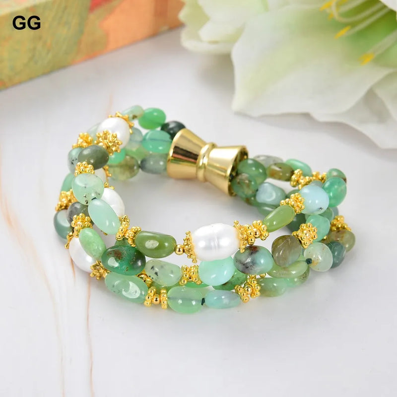 Gold-plated Chrysoprase Cultured Rice Pearl Bracelet 8.5'' for Women