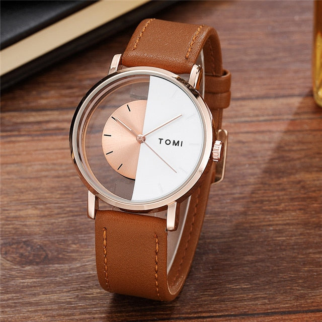 Stainless Steel Leather Half Transparent Unisex Watch