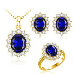 14K Gold Blue Sapphire Pendant Earrings Ring Set for Women