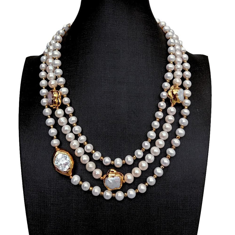 Y.YING 3 Rows Cultured White Freshwater Pearl Flower Olive Shape Pearl necklace 18\"