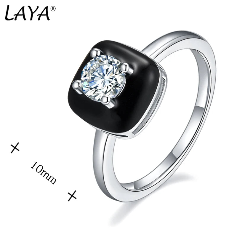 Sterling Silver White Black Enamel Ring with Zircon for Women