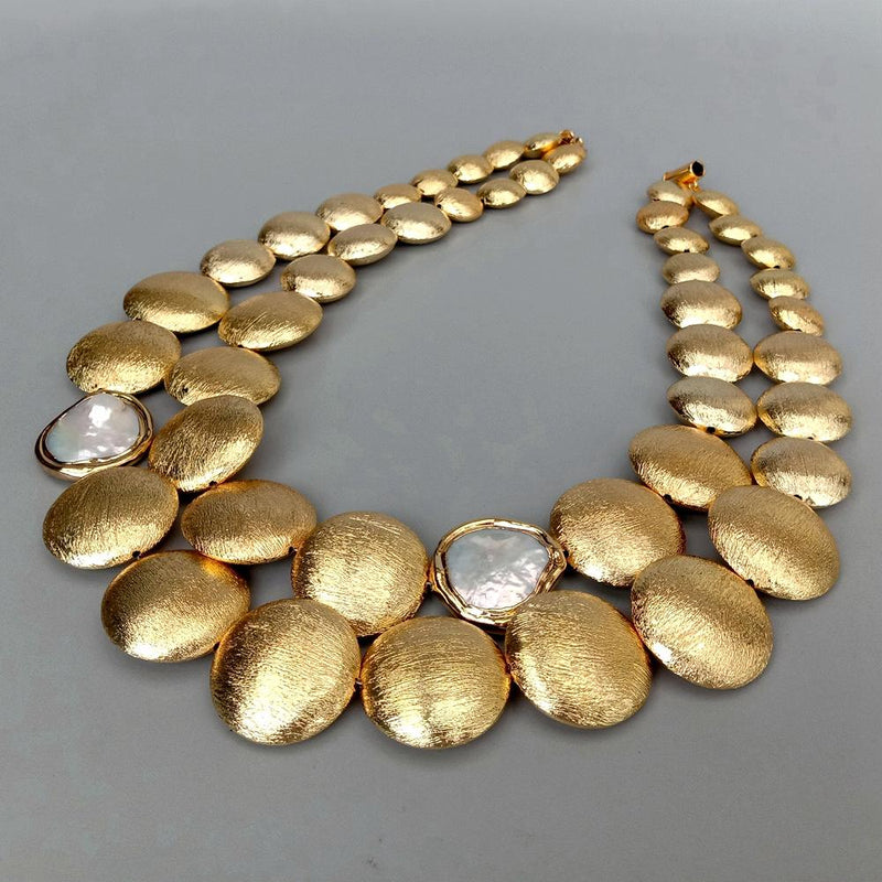 Gold Plated Cultured White Coin Pearl Necklace, 2 Rows, 18" for Women