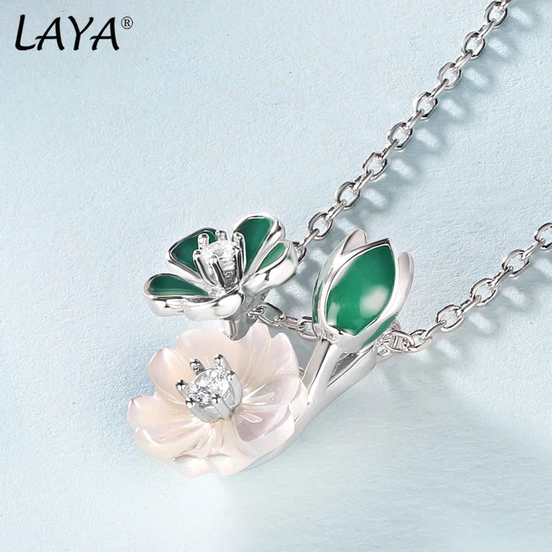 Sterlingsilver Shining Zircon White Pink Flower Green Leaf Enamel Necklace Earrings Ring Set for Women