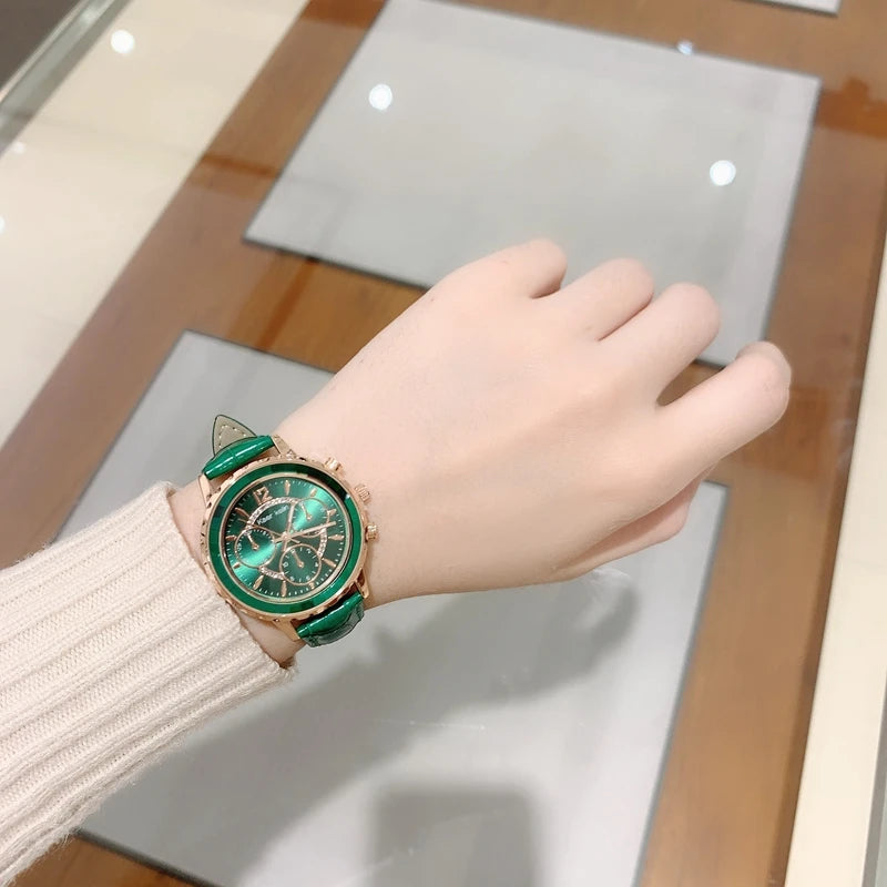 Top Quality Fashion Lady's Luxury Wristwatch: Genuine Leather, Green Dial, Pink Accents