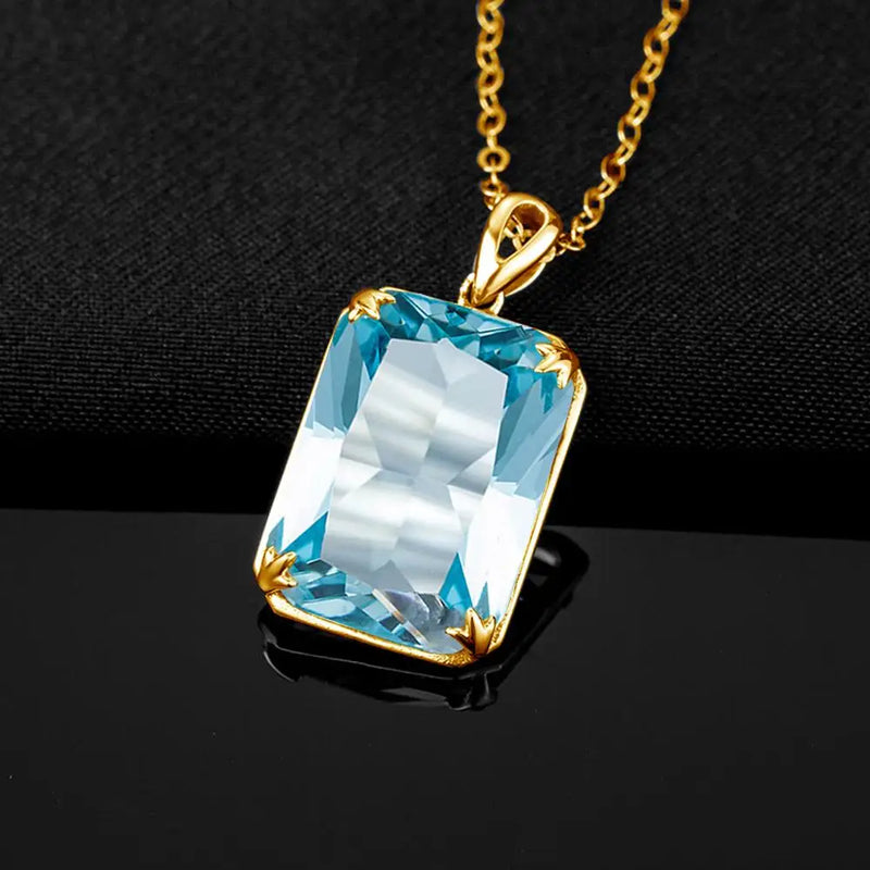 14K Gold Aquamarine Rectangle Pendant Necklace for Women