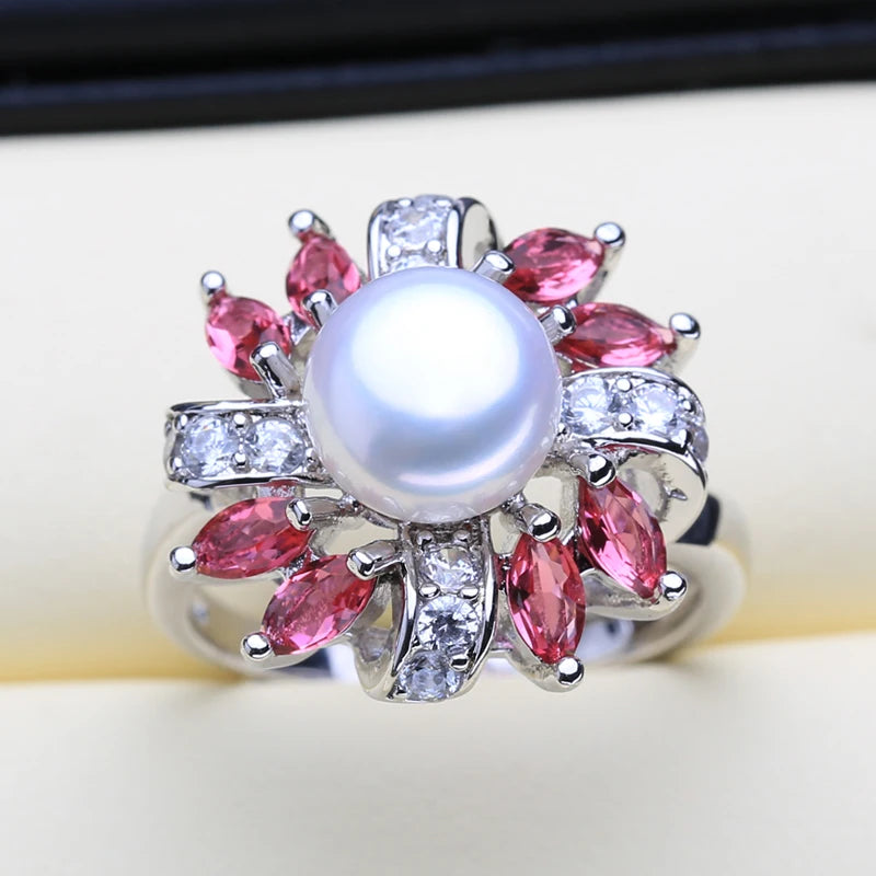 925 Sterling Silver Freshwater Pearl Ruby Ring for Women