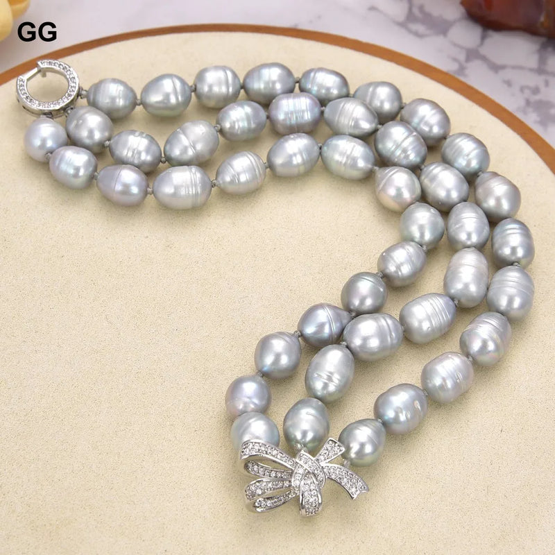 Sterling Silver Natural Gray Rice Pearl Bracelet 8'' CZ Paved Flower Clasp for Women