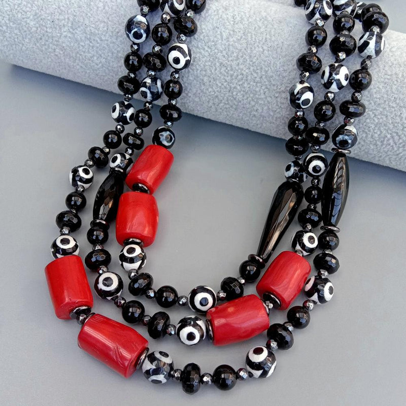 Sterling Silver 3 Strands Black Dzi Agate, Red Coral Choker Necklace for Women