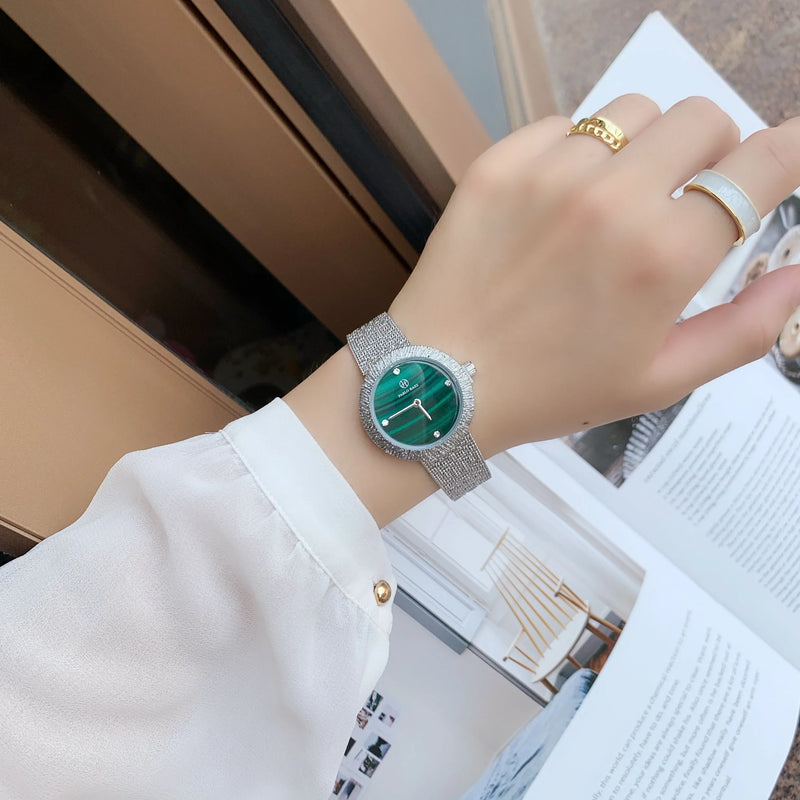 Women's Green Textured Watch with Silver Mesh Band and Japan Movement - Fashionable, Casual Style, High Quality.