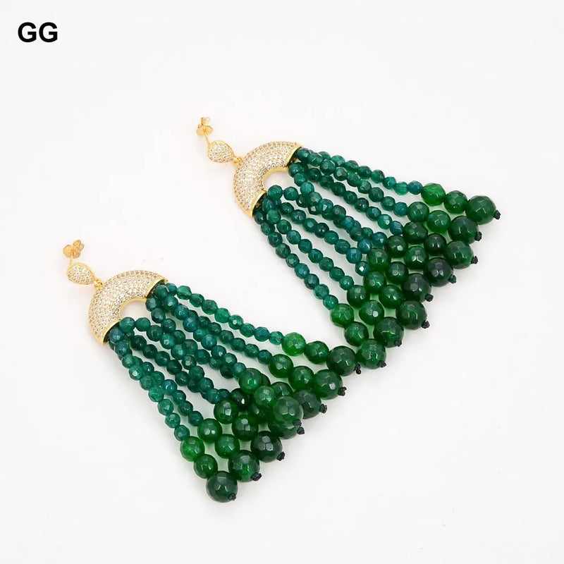 Gold Plated Round Green Jade Agate Earrings with CZ Accent For Women