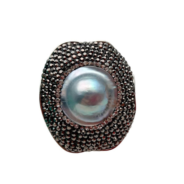 YYING Natural Coin Gray Mabe Pearl Black Rhinestone Pave Ring Adjustable