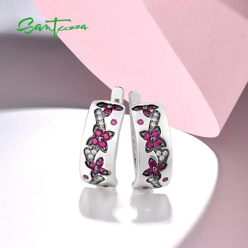 925 Sterling Silver Sparkling Created Ruby Flower Earrings for Women