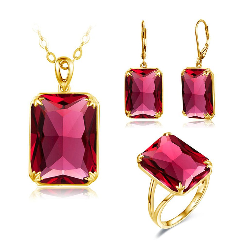 14K Gold Red Ruby Pendant Earring and Ring Set for Women