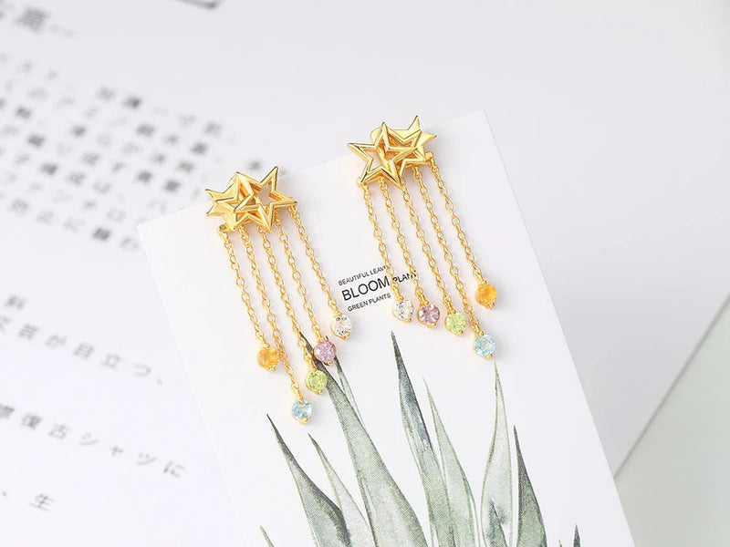 Sterling Silver Star Tassel Earrings with Topaz for Women