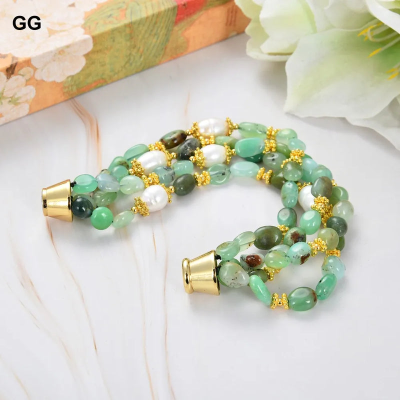 Gold-plated Chrysoprase Cultured Rice Pearl Bracelet 8.5'' for Women