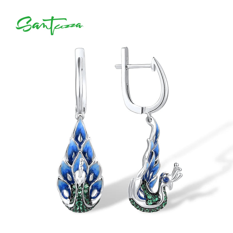 Sterling Silver Green Spinel Blue Enamel Peacock Drop Earrings for Women