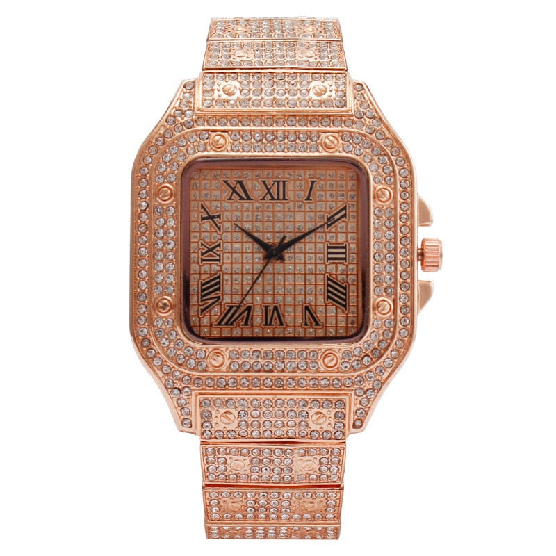 Luxury Gold Iced Out Rhinestone Square Quartz Watch for Unisex