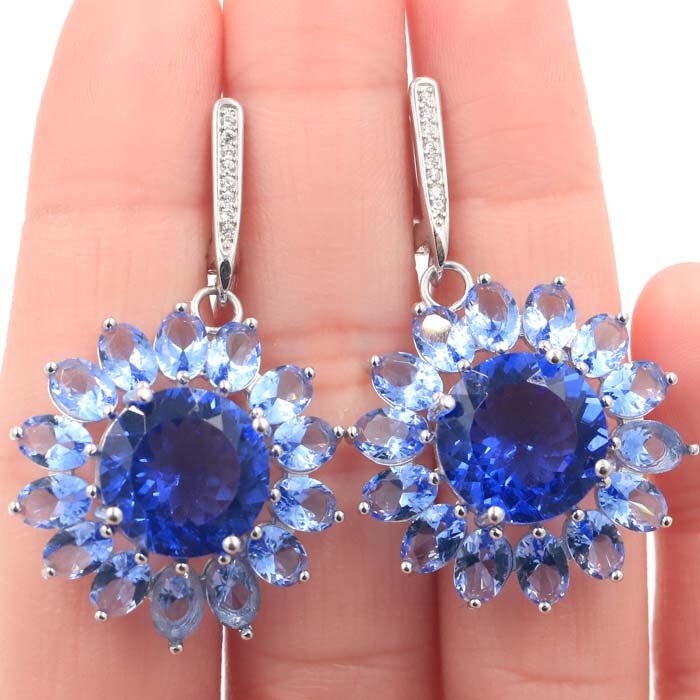 Sterling Silver 11g Round Tanzanite & Topaz Earrings for Women