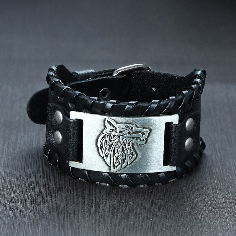 Leather Wolf Viking Compass Charm Bracelet for Men