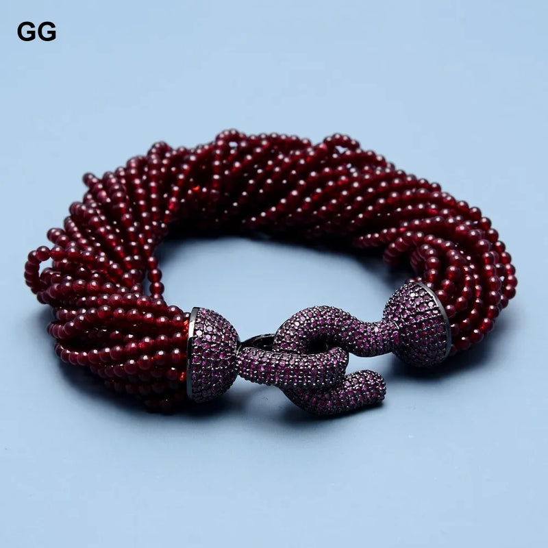 Gunmetal 20 Strands Garnet Beads Bracelet with Purple CZ Clasp, for Women