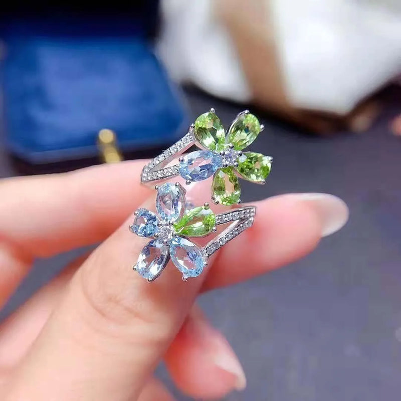 Sterling Silver Olivine Topaz Flower Ring for Women