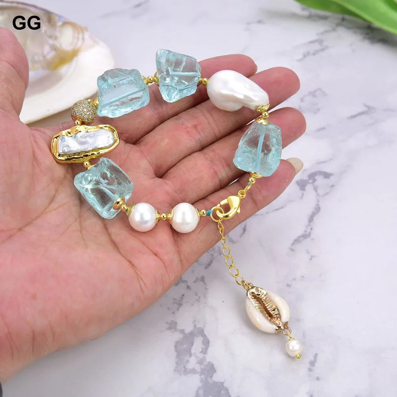 Gold Plated Cultured White Keshi Pearl Biwa Pearl Blue Glass Bracelet for Women