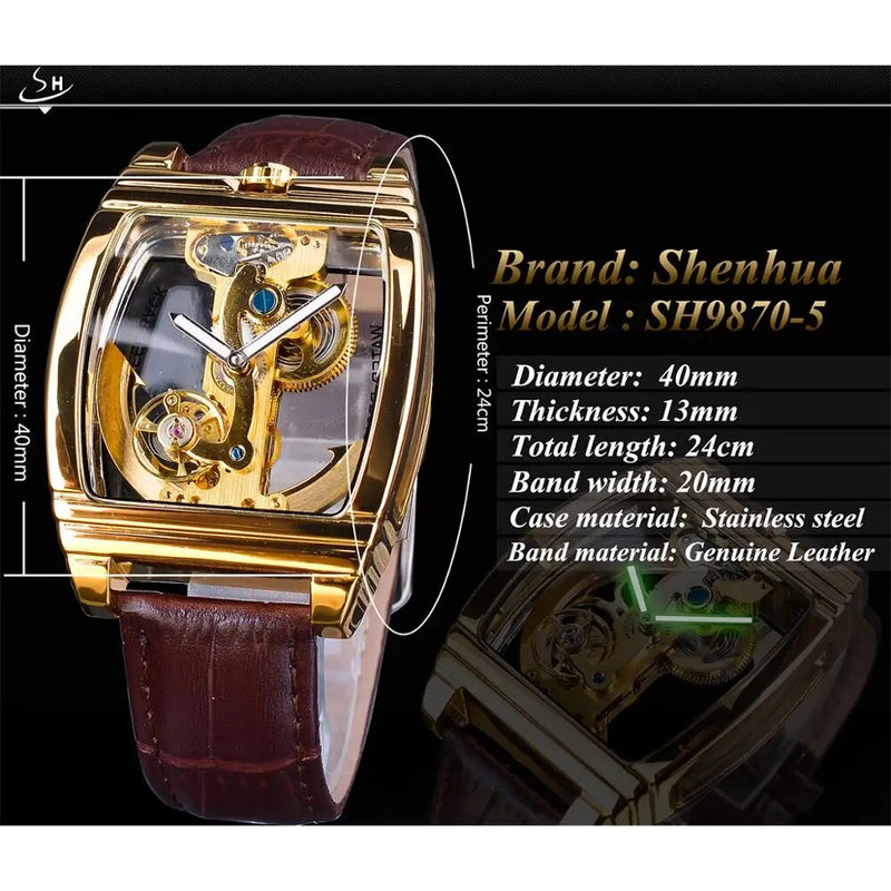 Gold Transparent Automatic Mechanical Watch with Skeleton Tourbillion and Luminous Elements for Men