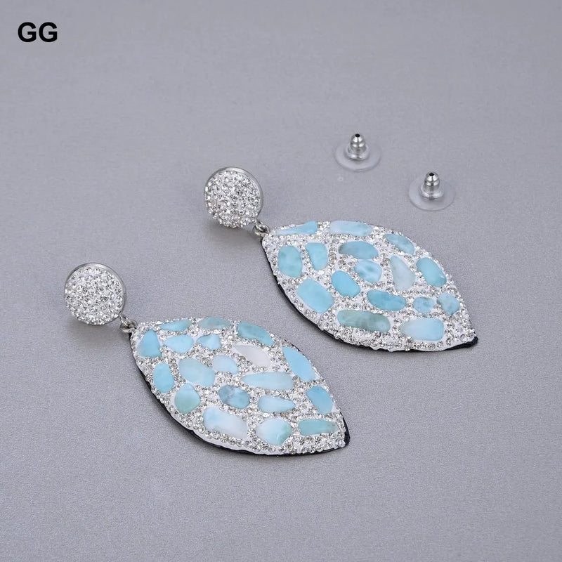 Sterling Silver Natural Blue Larimar Stone Rhinestone Dangle Stud Earrings for Women