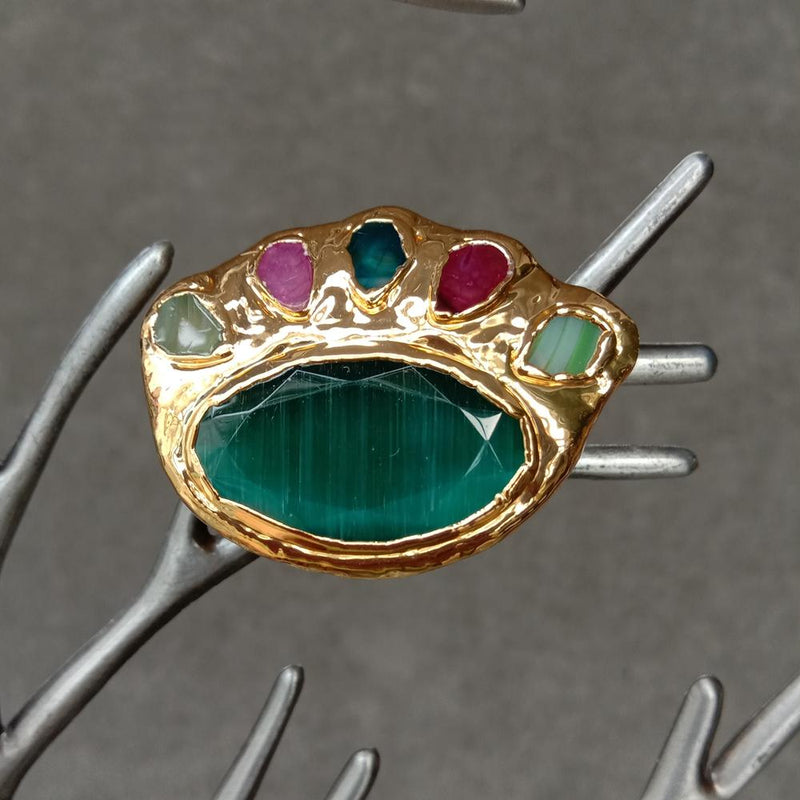 Y.YING Green Cat Eye Multi Color Agate Gold Plated Ring Adjustable