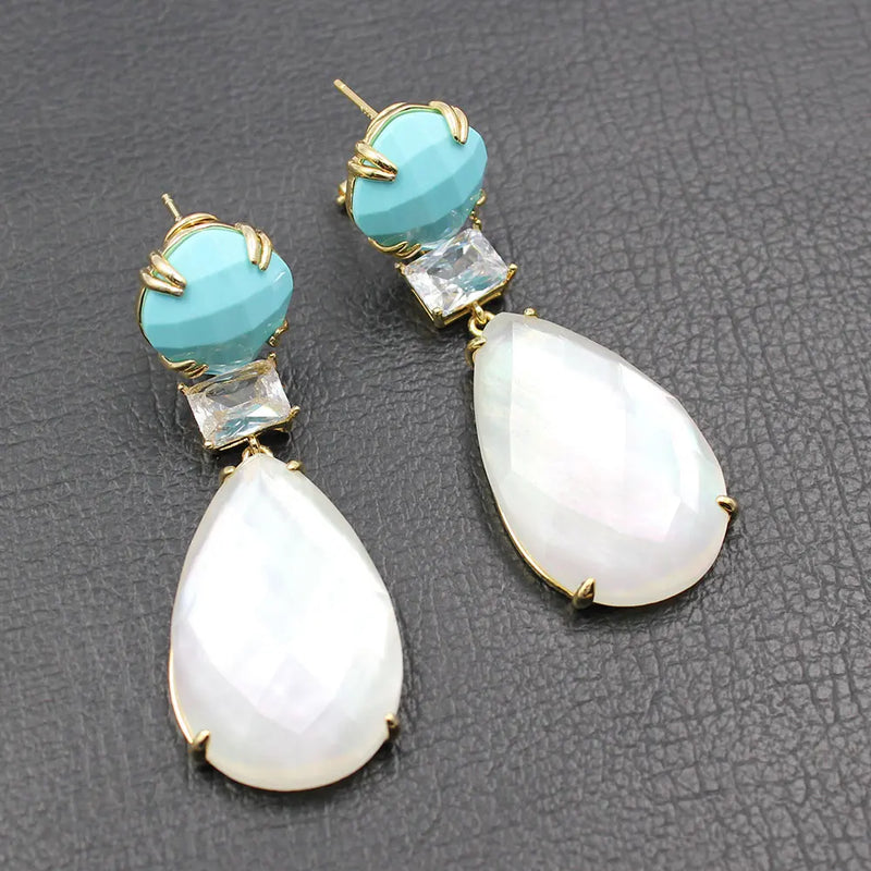 Silver Blue Crystal Clear Cubic Zirconia White Teardrop Shell Mother of Pearl Dangle Earrings for Women