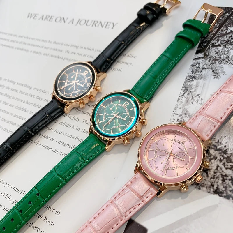 Top Quality Fashion Lady's Luxury Wristwatch: Genuine Leather, Green Dial, Pink Accents