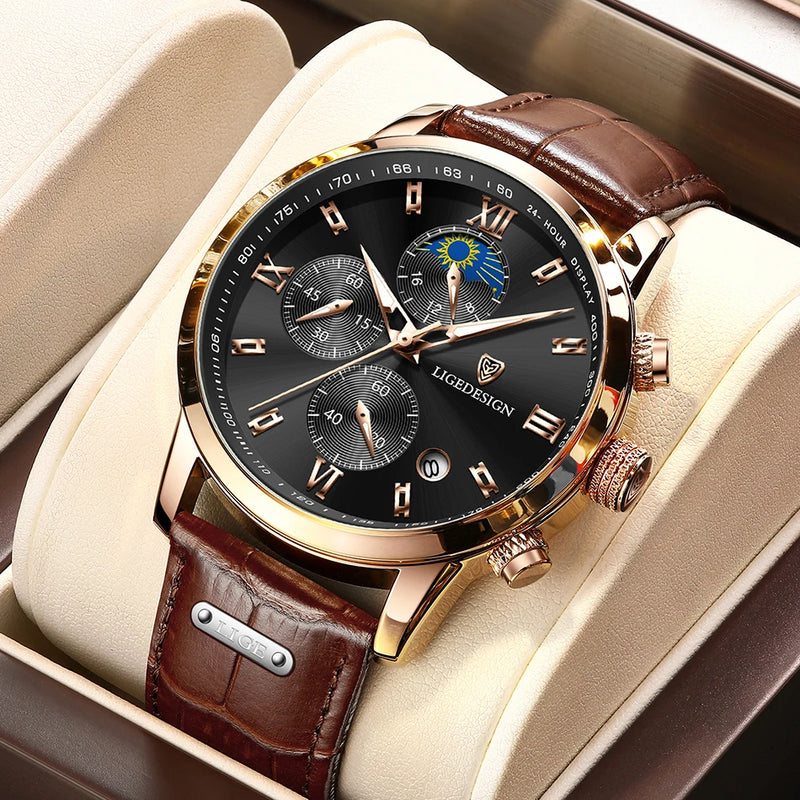 Luxury Men's Fashion Watch with Leather Strap and Waterproof Chronograph Features