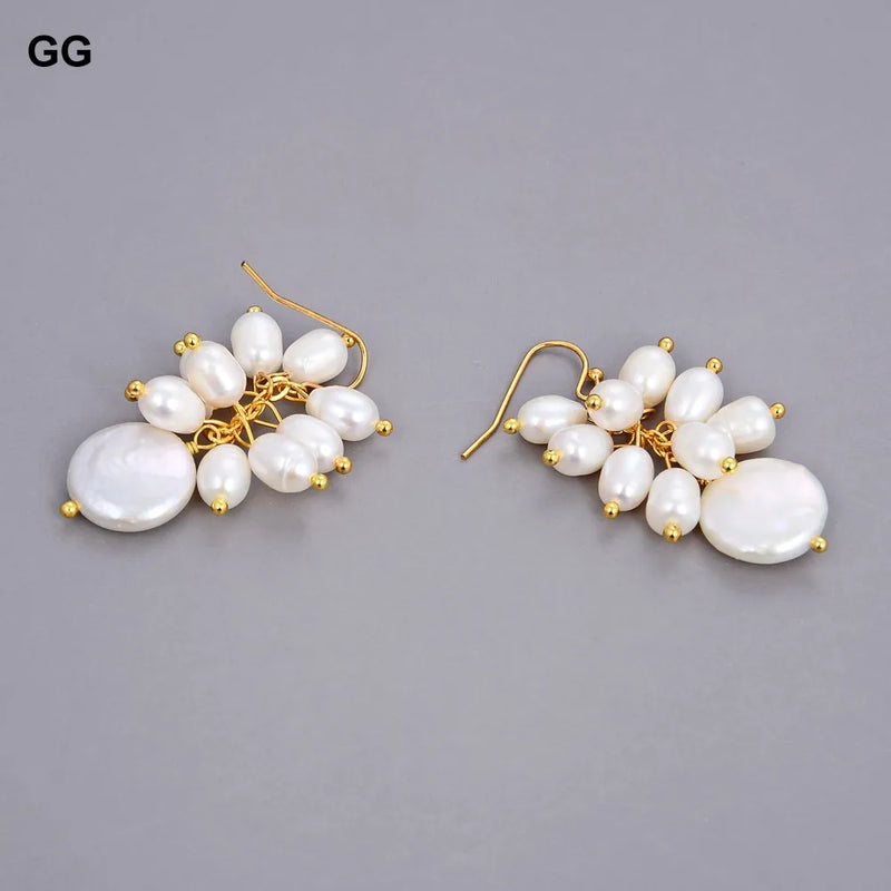 Natural White Rice Pearl Dangle Hook Earrings for Women