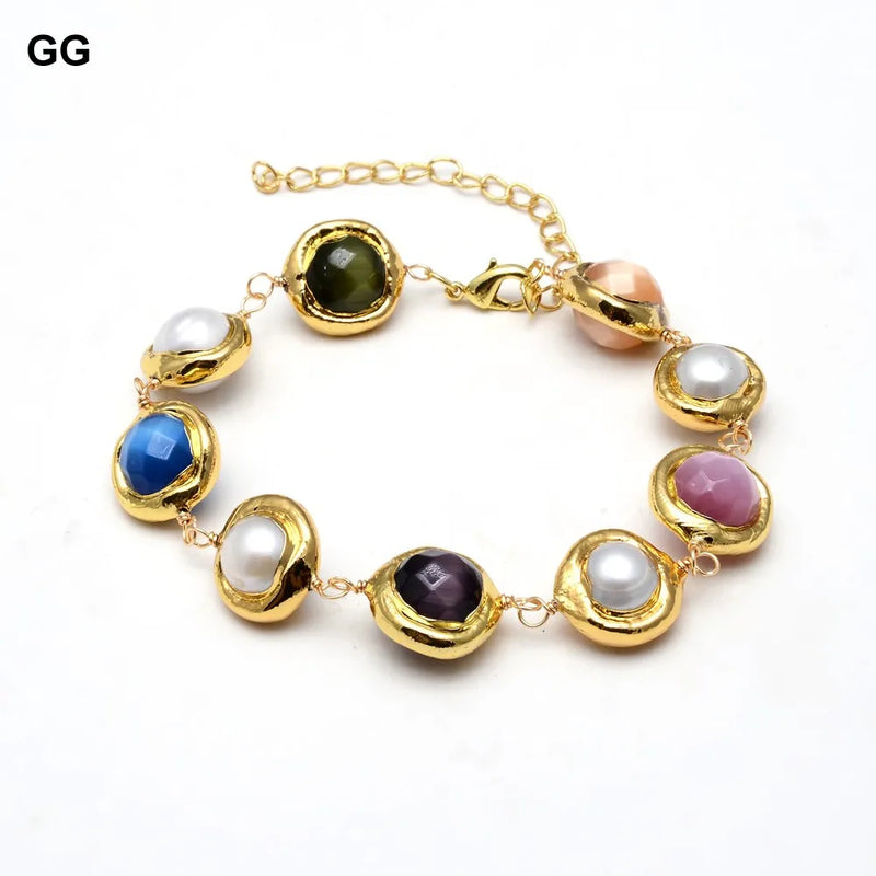 Gold Plated Natural White Keshi Pearl Cat Eye Wrap Bracelet for Ladies