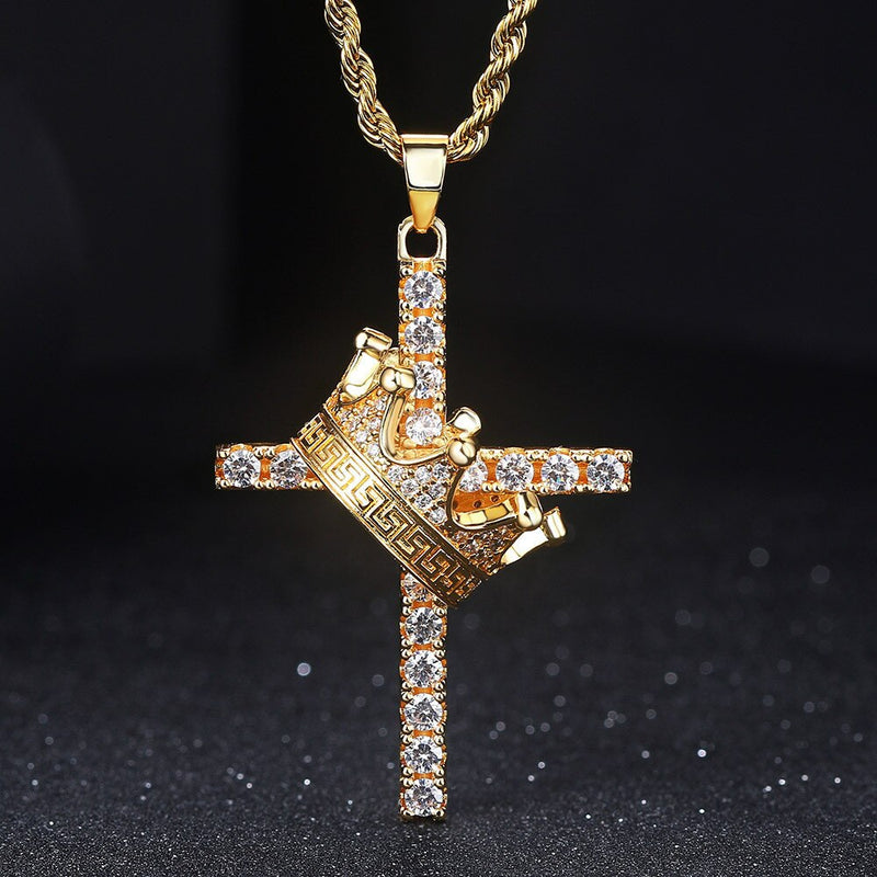 Silver Bling Zircon Diamonds Gemstones Crown & Cross Pendant Necklace for Men