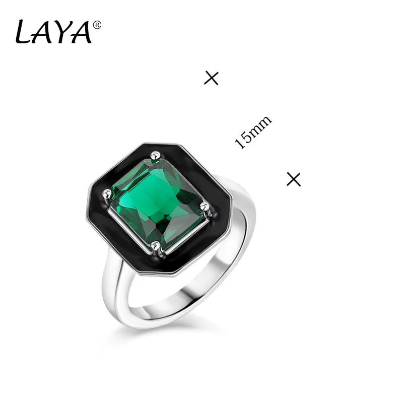 Sterling Silver Synthetic Green Crystal Black Enamel Square Ring for Women