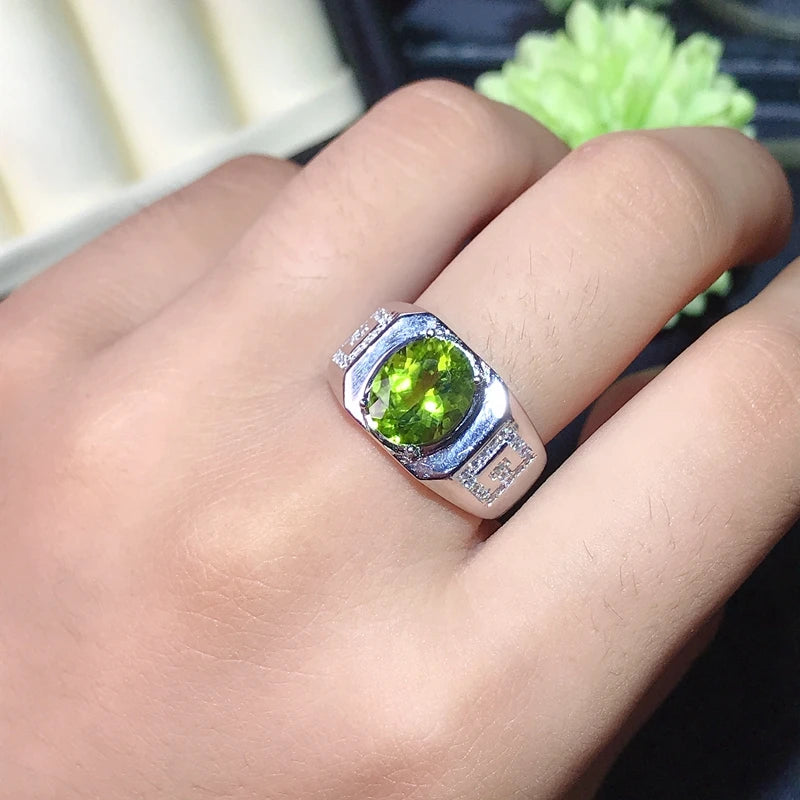 Sterling Silver Olivine Ring with Green Gemstone, size not specified, for men