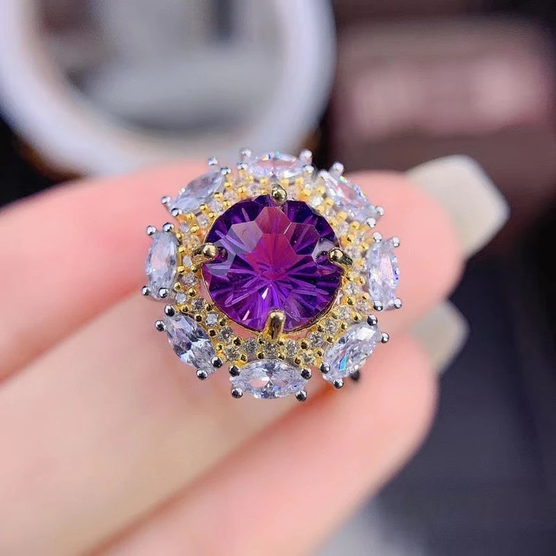 925 Sterling Silver Amethyst Flower Ring for Women