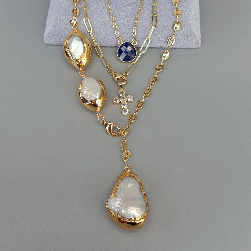 Sterling Silver Cultured White Keshi Pearl Lapis CZ Crucifix Drop Necklace for Women
